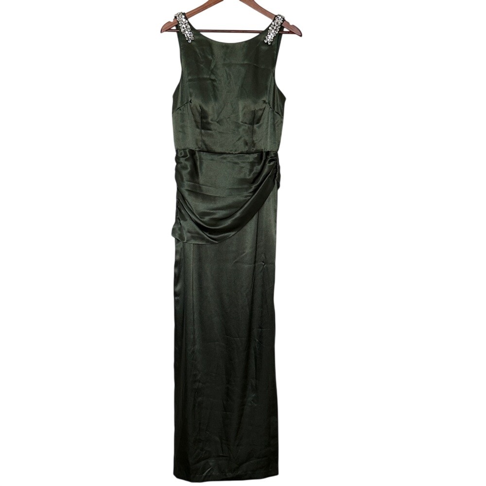 JS Collections Satin Jeweled Strap Formal Gown Ivy Green Size 6 NWT